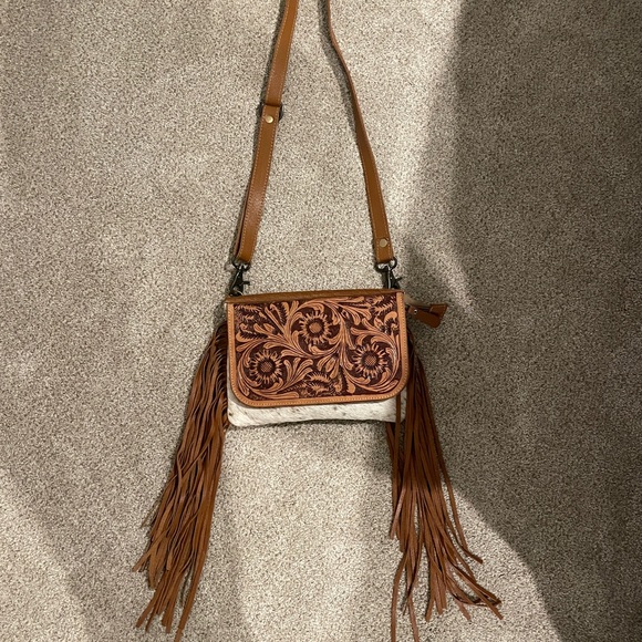Myra Bag Handbags - Myra Bag Brown Tooled Leather Crossbody with Fringe